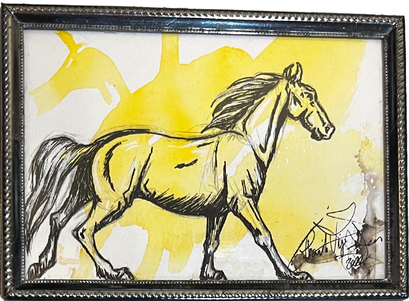 Art Original Horse, a bright yellow watercolor Indoodle