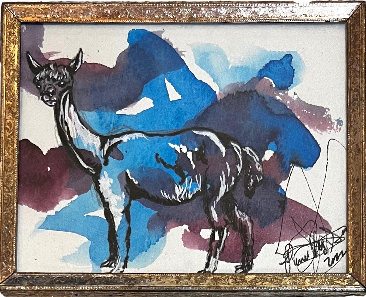 Art Original Alpaca #2, a blue and pink watercolor Indoodle