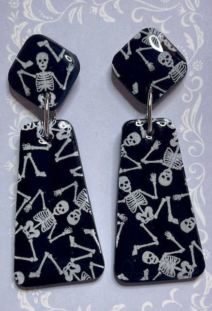 Skeleton Polymer Clay Earrings – Handmade Black & White Skeleton Design, 2" Long