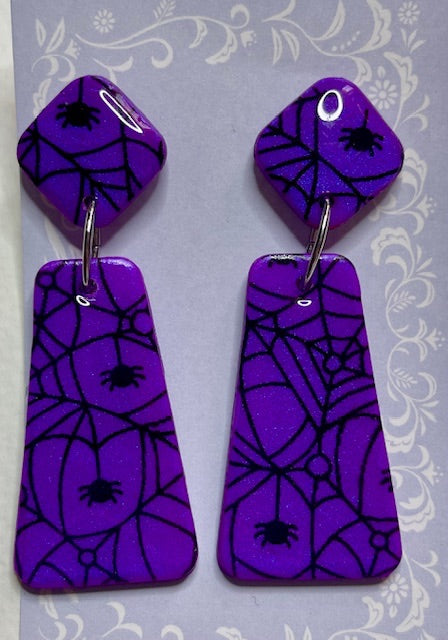 Purple Spider Web Polymer Clay Earrings – Handmade 2" Hypoallergenic Design