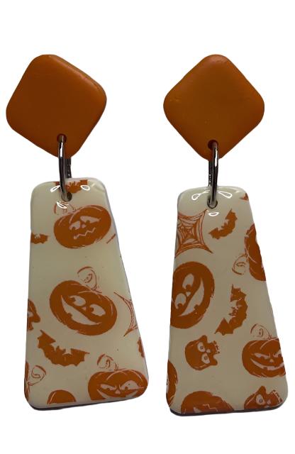 Pumpkin Polymer Clay Earrings – Handmade Orange Pumpkin on Tan Background, Hypoallergenic Posts