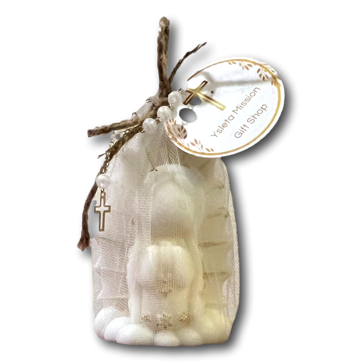 Handcrafted rose-scented Catholic devotional candles with rosary beads, featuring religious imagery and intricate detailing.