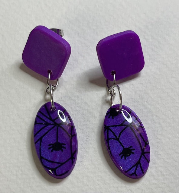 Purple Spider Web Polymer Clay Earrings – Handmade 2" Hypoallergenic Design