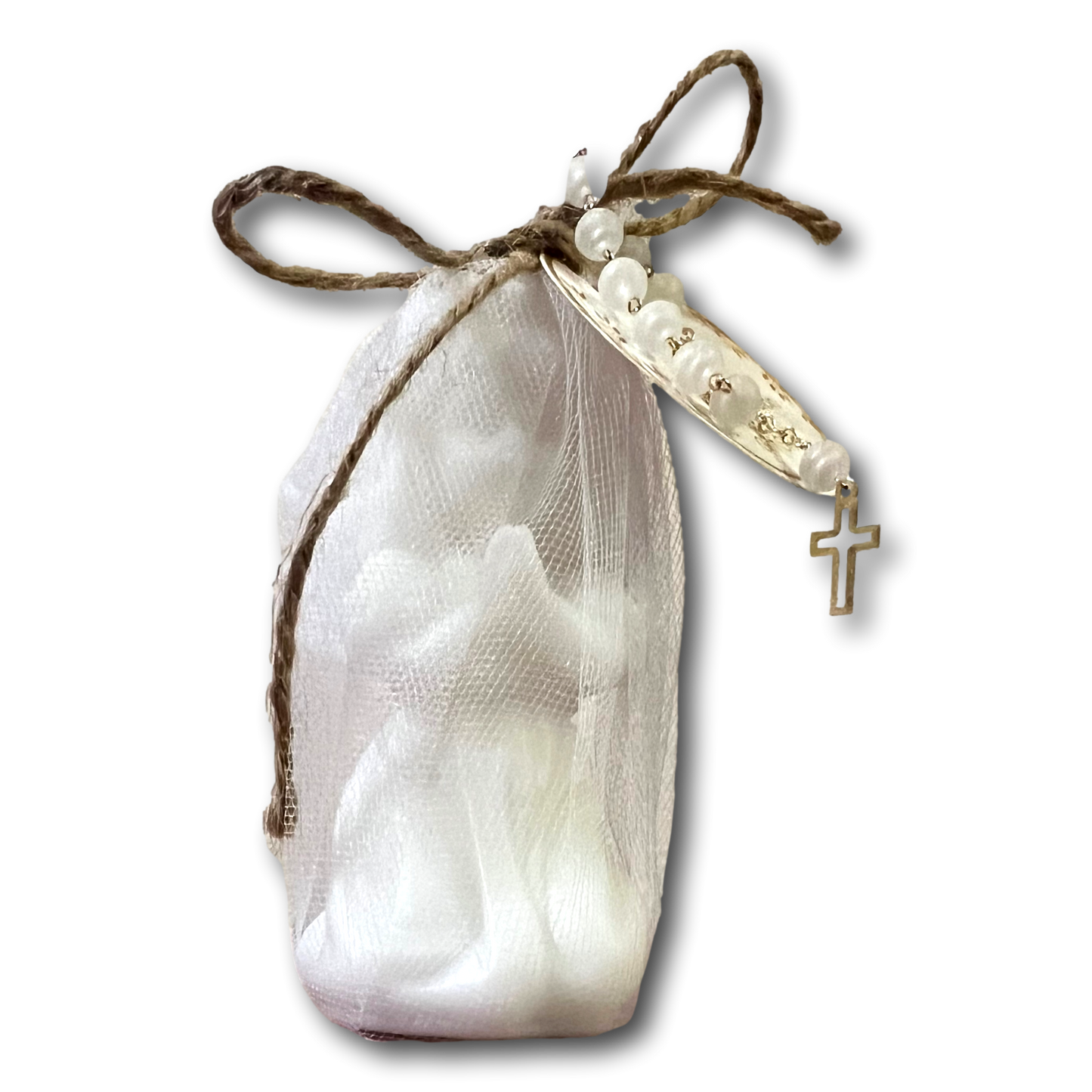 Handcrafted rose-scented religious candles with rosary, Catholic devotional gift from Ysleta Mission Gift Shop.