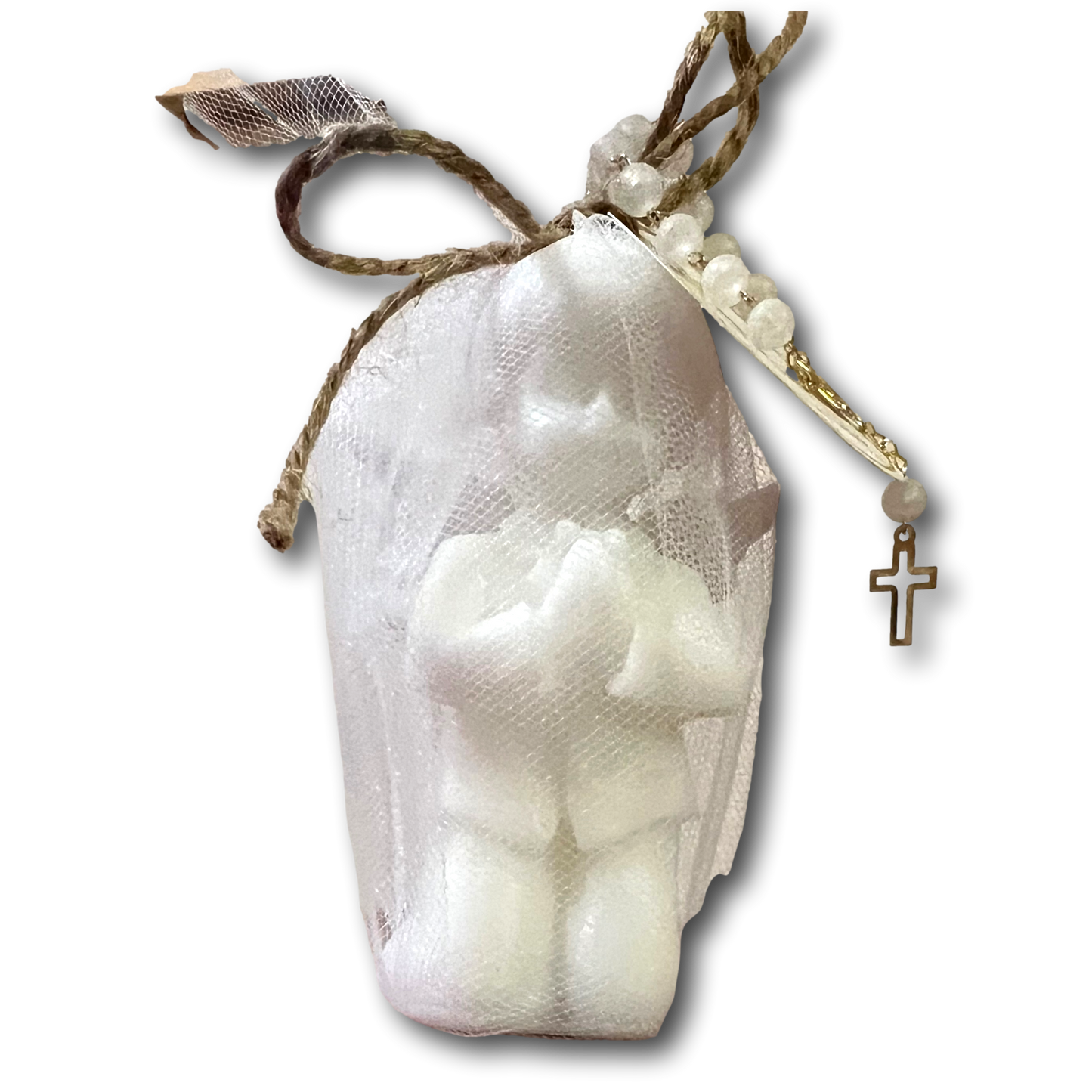 Handcrafted rose-scented Catholic devotional candles with a rosary, ideal for Christian prayer and religious gift giving.