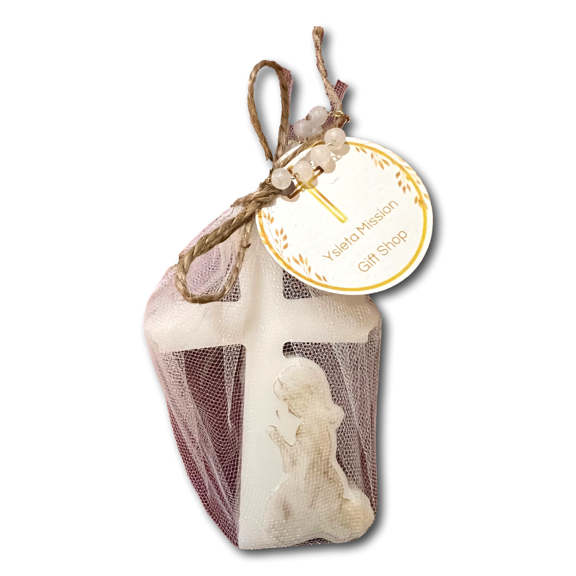 Handcrafted rose-scented Catholic devotional candle with rosary beads, ideal for prayer and religious ceremonies.