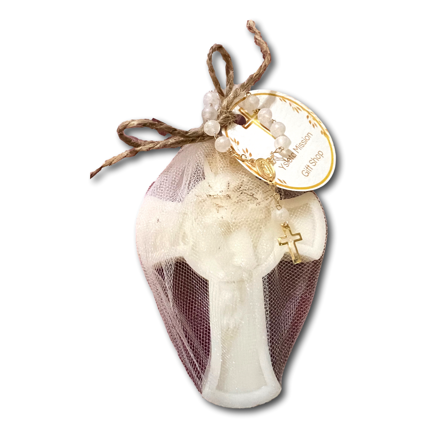 Handcrafted rose-scented Catholic devotional candle with a rosary, ideal for Christian prayer and religious gift purposes.