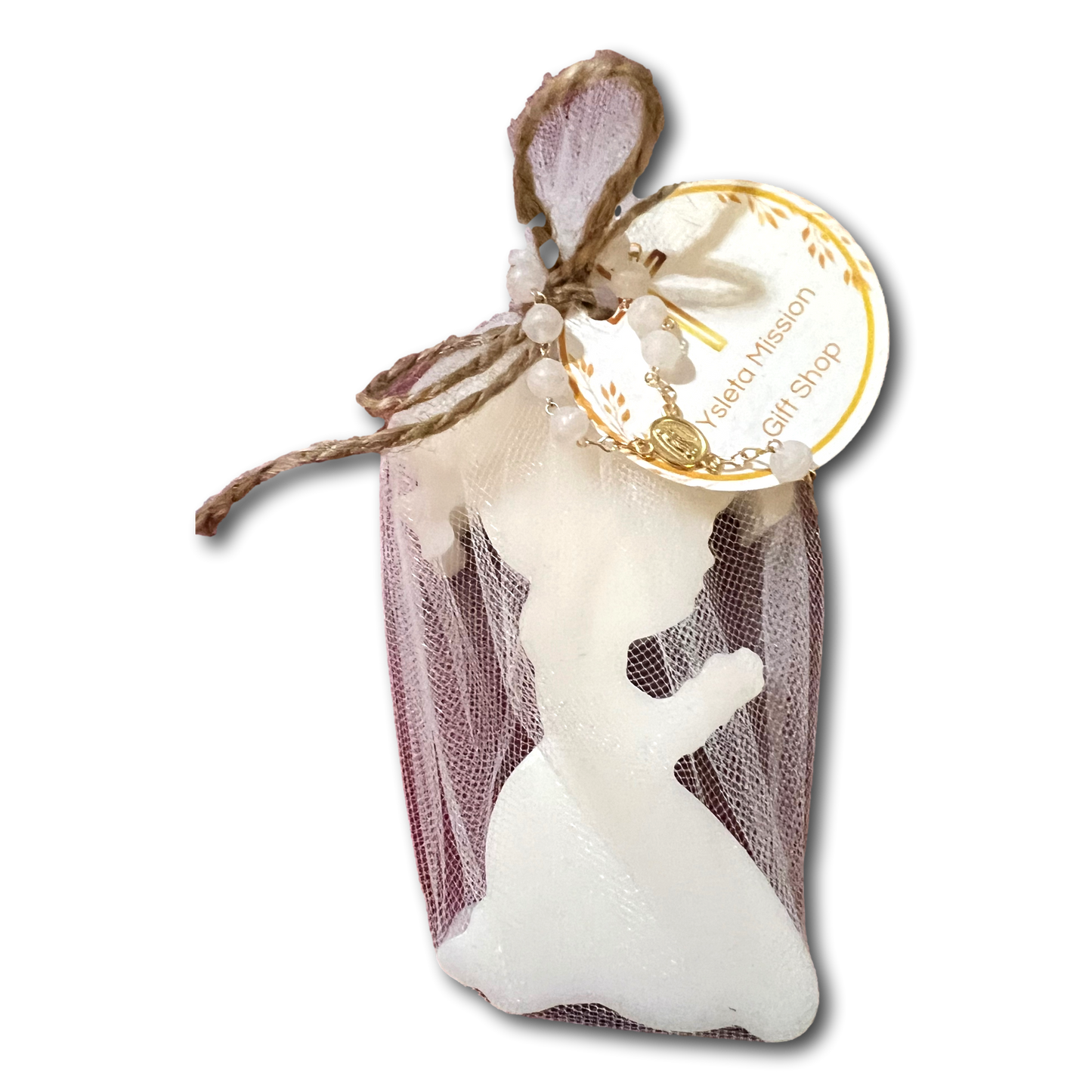 Handcrafted rose-scented Catholic devotional candle with attached rosary beads showcasing intricate religious design.