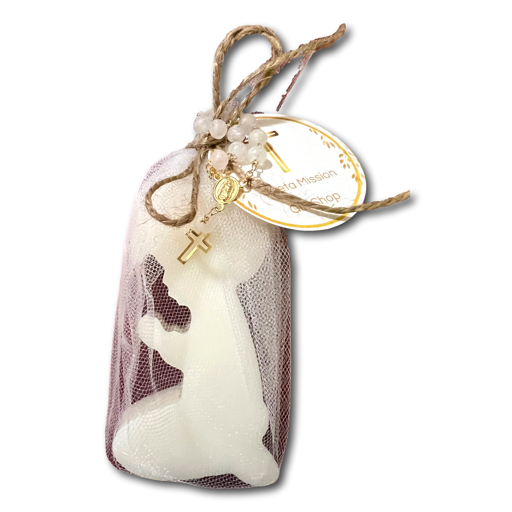 Handcrafted rose-scented Catholic devotional candle with a rosary, ideal for Christian prayer and religious gift purposes.