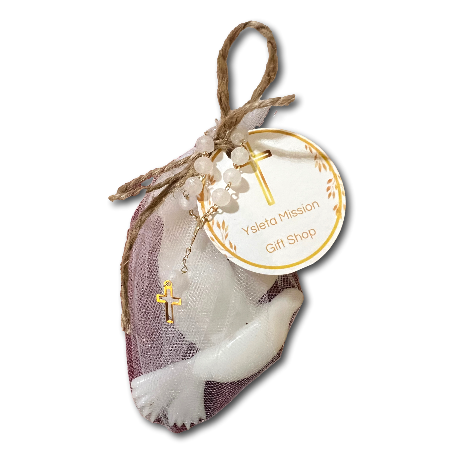 Handcrafted rose-scented Catholic religious candles with rosary, devotional Christian gift from Ysleta Mission Gift Shop.
