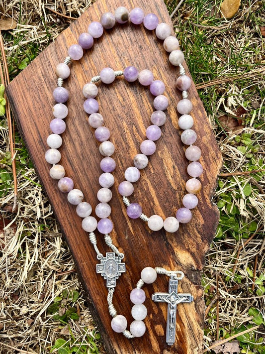 Rosary  Five Decade Catholic Stone Beads Light Purple Amethyst Miraculous Medal Centerpiece Fatima Crucifix Ornate
