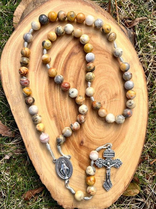 Rosary  Five Decade Catholic Stone Beads Golden Crazy Agate  Miraculous Medal Pardon Crucifix