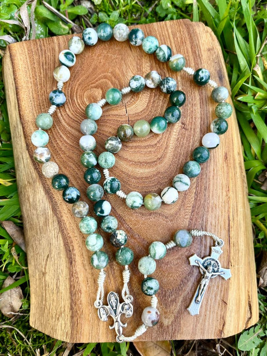 Rosary  Five Decade Catholic Stone Beads Green Tree Agate Fleur de Lis Centerpiece Saint Benedict Crucifix