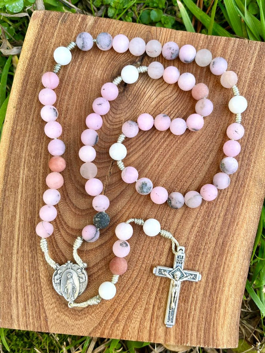 Rosary  Five Decade Catholic Stone Beads Pink Cherry Blossom Jasper Marian Centerpiece with Angels Fatima Crucifix