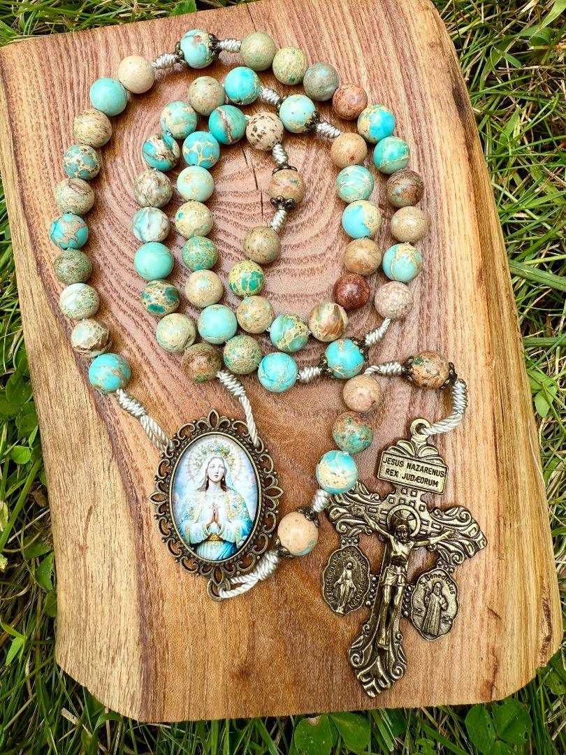 Handmade Imperial Jasper Catholic Rosary – Marian Centerpiece & Large Pardon Crucifix Prayer Beads - Ysleta Mission Gift Shop