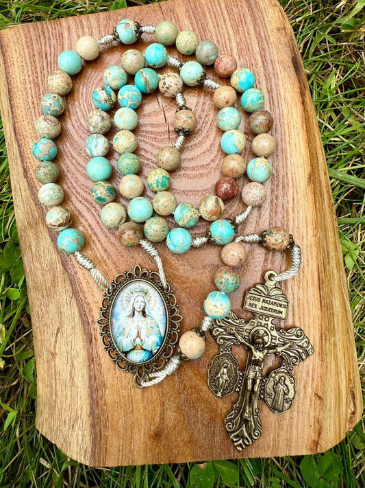 Handmade Imperial Jasper Catholic Rosary – Marian Centerpiece & Large Pardon Crucifix Prayer Beads - Ysleta Mission Gift Shop