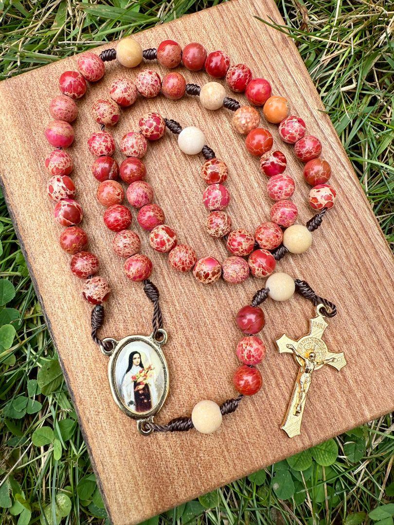 Imperial Jasper Catholic Rosary with Saint Therese the Little Flower Centerpiece and Saint Benedict Crucifix - Ysleta Mission Gift Shop