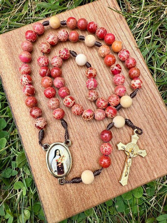 Imperial Jasper Catholic Rosary with Saint Therese the Little Flower Centerpiece and Saint Benedict Crucifix - Ysleta Mission Gift Shop