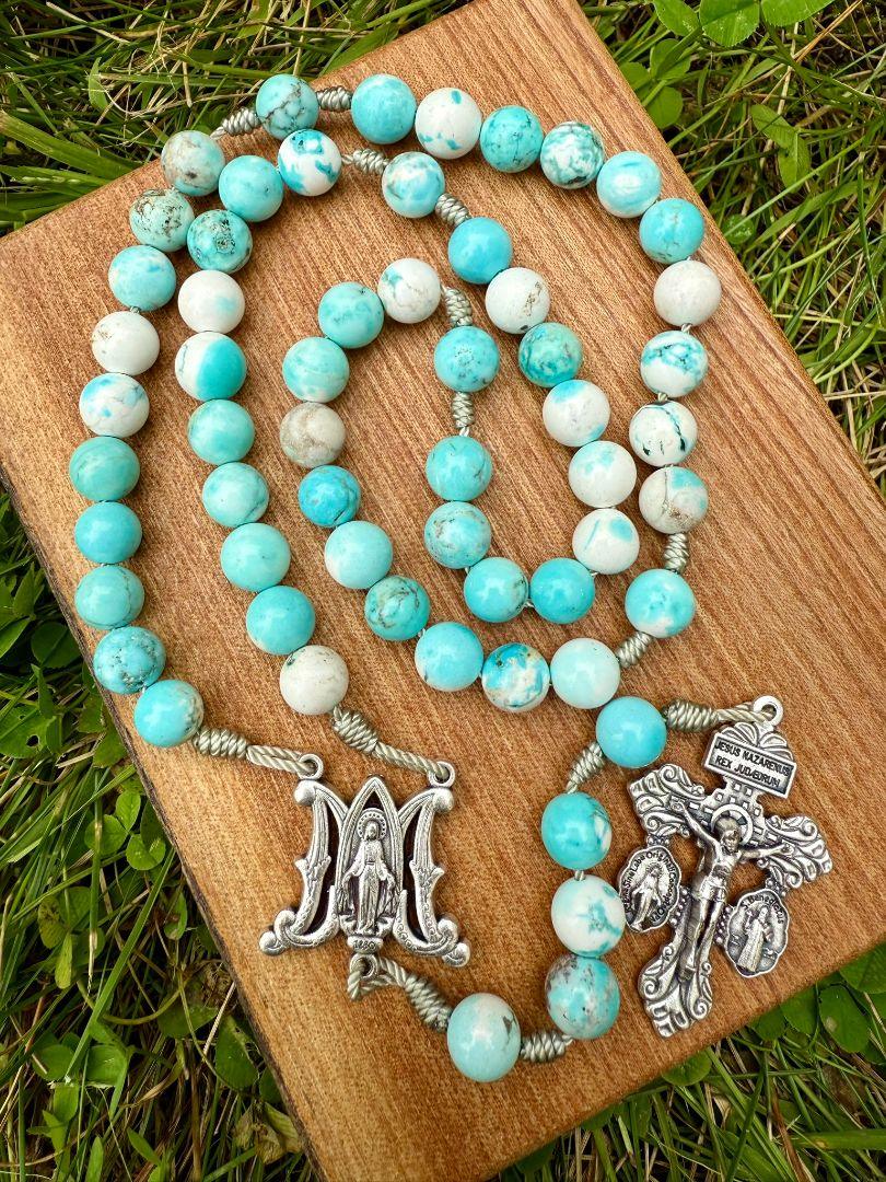 Howlite Catholic Rosary – Auspice Maria Centerpiece & Pardon Crucifix Beads - Ysleta Mission Gift Shop