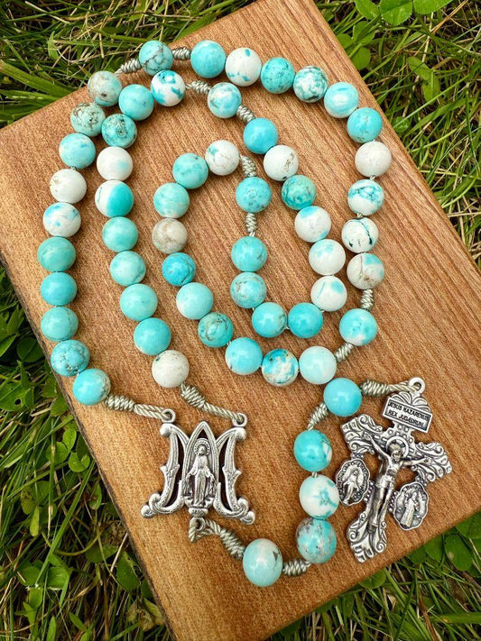 Howlite Catholic Rosary – Auspice Maria Centerpiece & Pardon Crucifix Beads - Ysleta Mission Gift Shop