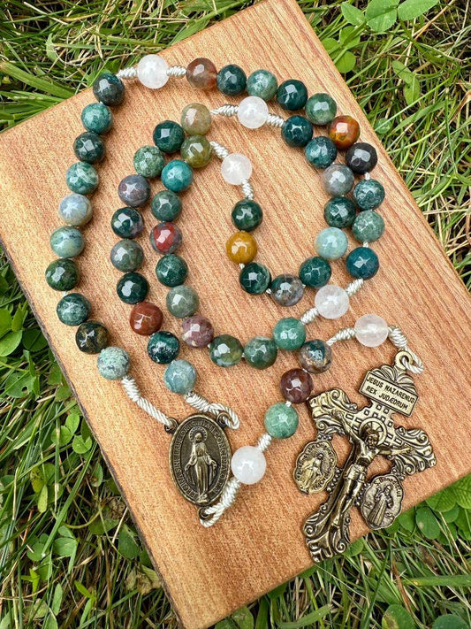 Indian Agate Catholic Rosary Beads – Miraculous Medal Centerpiece & Large Pardon Crucifix - Ysleta Mission Gift Shop