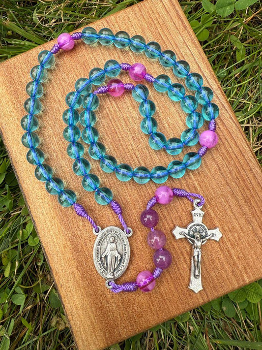 Blue & Pink Acrylic Kid’s Catholic Rosary – Miraculous Medal Centerpiece & Saint Benedict Crucifix - Ysleta Mission Gift Shop