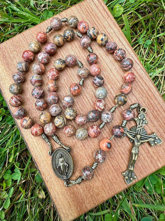 Leopard Skin Jasper Catholic Rosary – Miraculous Medal Centerpiece & Ornate Crucifix Beads - Ysleta Mission Gift Shop