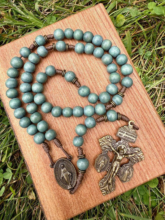 Handcrafted Teal Wooden Catholic Rosary – Miraculous Medal Centerpiece & Large Pardon Crucifix - Ysleta Mission Gift Shop