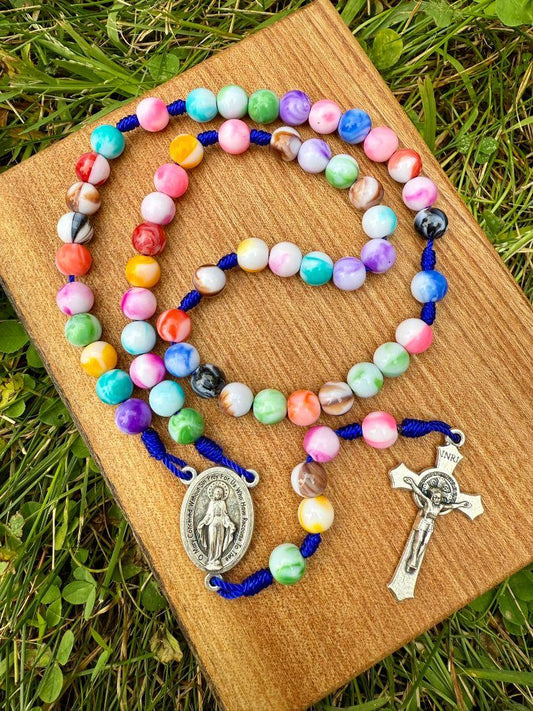 Colorful Acrylic Kid’s Catholic Rosary – Miraculous Medal Centerpiece & Saint Benedict Crucifix - Ysleta Mission Gift Shop