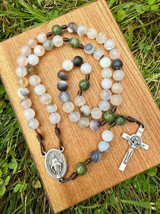 Agate Catholic Rosary – Miraculous Medal Centerpiece & Saint Benedict Crucifix Prayer Beads - Ysleta Mission Gift Shop