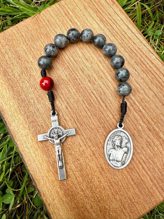 Saint Sebastian One-Decade Pocket Rosary – Labradorite Beads & Saint Benedict Crucifix - Ysleta Mission Gift Shop