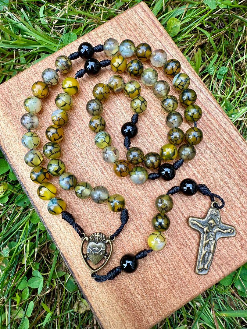 Dragon Vein Agate Catholic Rosary – Sacred Heart Centerpiece & Jesus with Mary Crucifix - Ysleta Mission Gift Shop