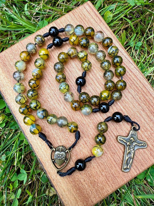 Dragon Vein Agate Catholic Rosary – Sacred Heart Centerpiece & Jesus with Mary Crucifix - Ysleta Mission Gift Shop