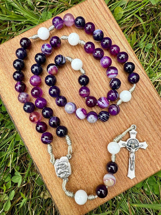 Purple Striped Agate Catholic Rosary Beads – Holy Family Centerpiece & Saint Benedict Crucifix - Ysleta Mission Gift Shop