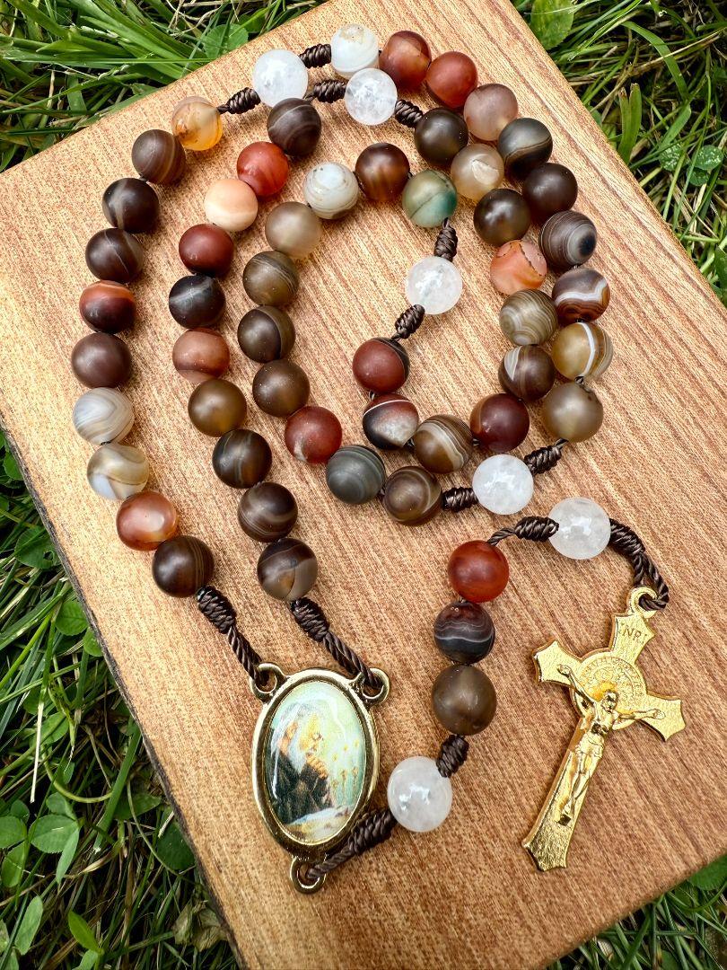 Striped Agate Catholic Rosary with Padre Pio Centerpiece and Saint Benedict Crucifix - Ysleta Mission Gift Shop