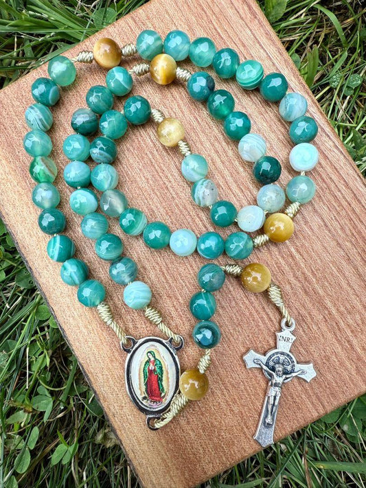Agate Catholic Rosary Beads – Our Lady of Guadalupe Centerpiece & Saint Benedict Crucifix - Ysleta Mission Gift Shop