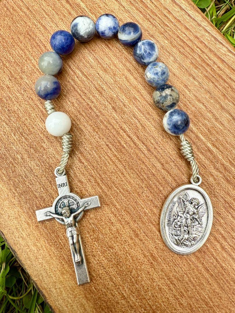 Saint Michael One-Decade Pocket Rosary – Blue Stone Beads & Saint Benedict Crucifix - Ysleta Mission Gift Shop