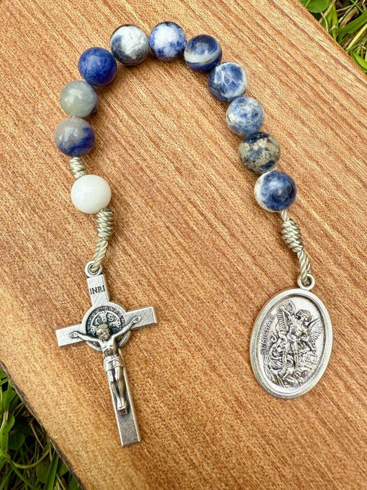 Saint Michael One-Decade Pocket Rosary – Blue Stone Beads & Saint Benedict Crucifix - Ysleta Mission Gift Shop