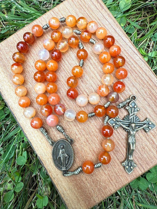 Carnelian Catholic Rosary – Miraculous Medal Centerpiece & Ornate Crucifix - Ysleta Mission Gift Shop