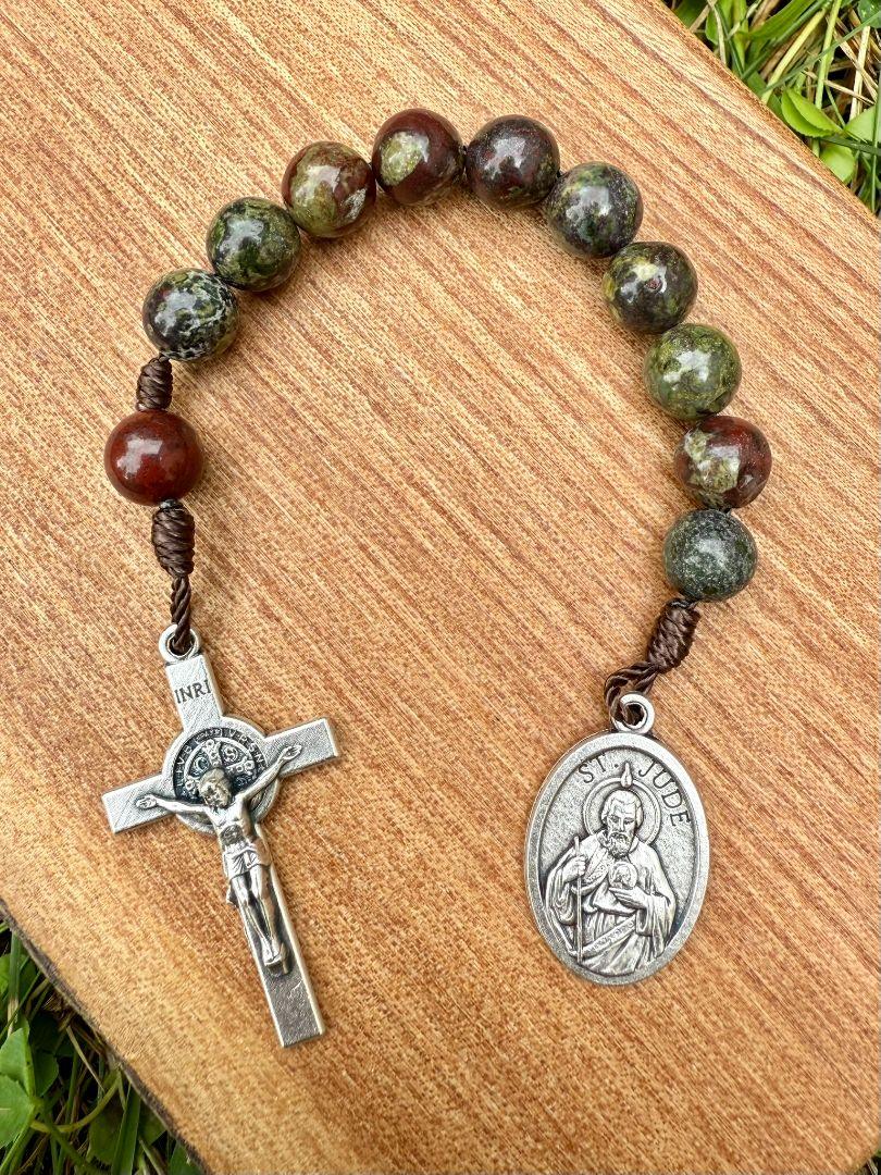 Saint Jude One-Decade Pocket Rosary – Dragon Blood Jasper Beads & Saint Benedict Crucifix - Ysleta Mission Gift Shop