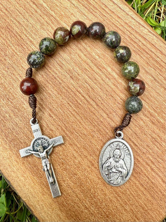 Saint Jude One-Decade Pocket Rosary – Dragon Blood Jasper Beads & Saint Benedict Crucifix - Ysleta Mission Gift Shop