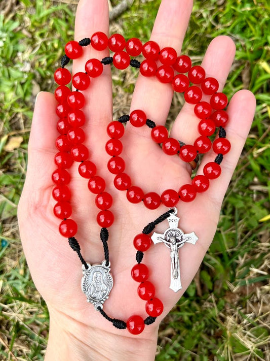 Rosary  Five Decade Catholic Stone Beads Red Jade Sacred Heart Centerpiece Saint Benedict Crucifix