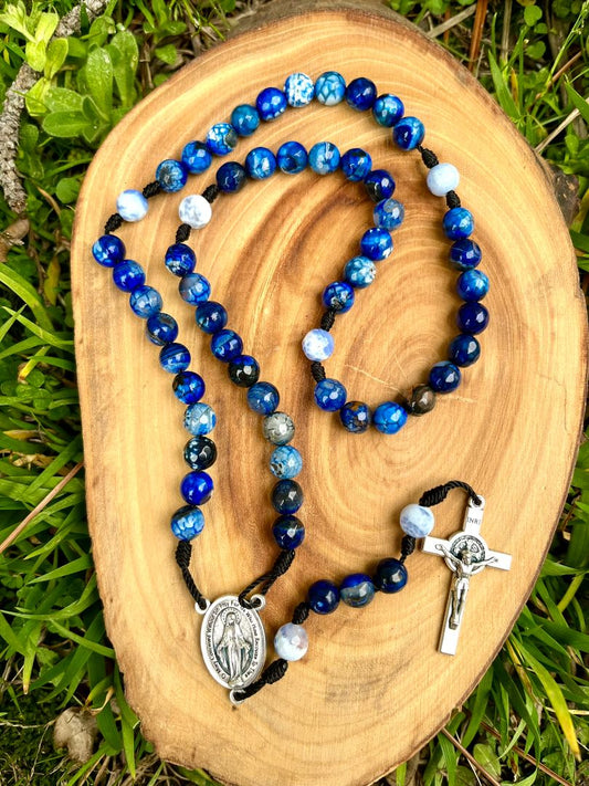 Rosary  Five Decade Catholic Stone Beads Blue Faceted Dragon Vein Agate Miraculous Medal Saint Benedict Crucifix