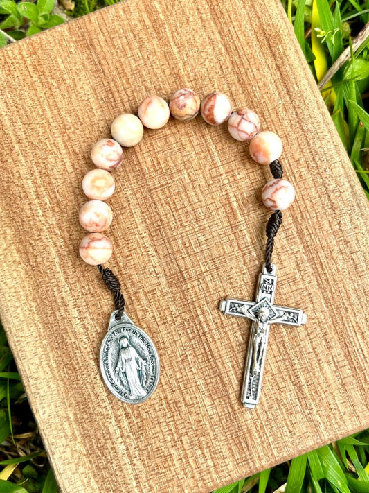 Pocket Rosary One Decade Catholic Stone Beads Peach Red Netstone Miraculous Medal Fatima Crucifix