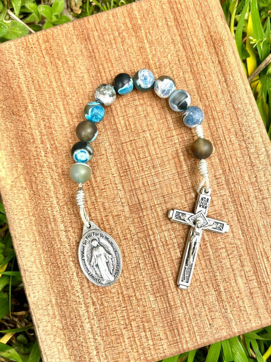 Pocket Rosary One Decade Catholic Stone Beads Blue Frosted Weathered Agate Miraculous Medal  Fatima Crucifix