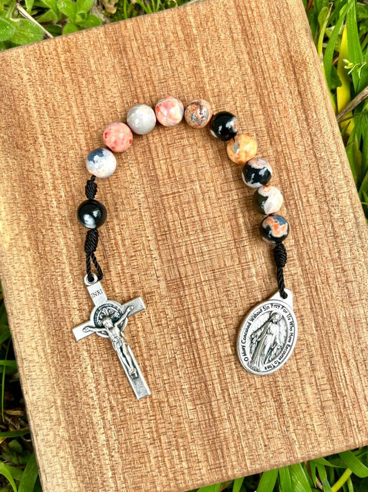 Pocket Rosary One Decade Catholic Stone Beads Orange Glossy Weathered Agate Miraculous Medal Saint Benedict Crucifix