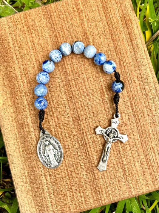 Pocket Rosary One Decade Catholic Stone Beads Blue Blue Glossy Weathered Agate Miraculous Medal Saint Benedict Crucifix