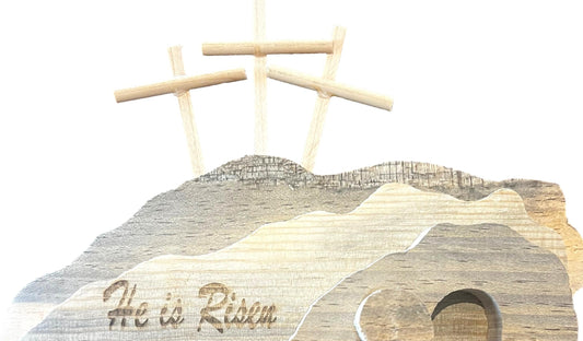 Religious Art "He Has Risen" Calvary Hill Empty Tomb Distressed Pine Standing Handcrafted 10 by 7 inches