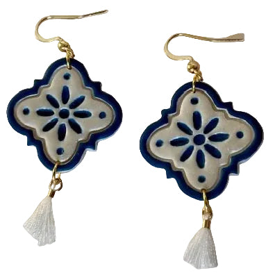 Colorful Talavera-inspired polymer clay tassel earrings with 18K gold hooks, artisan dangle jewelry by Melissa Cortinas.