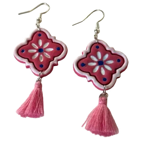 Talavera-inspired polymer clay tassel earrings with silver hooks, vibrant artisan dangle jewelry by Melissa Cortinas, 2x1 inches.